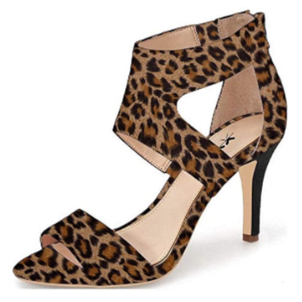 XYD Leopard Open Toe Strappy Mid Heel Sandal